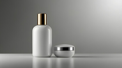 White cosmetic bottle next to cream jar on light background