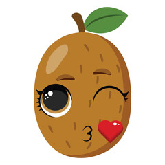 Brown kiwi fruit character with a wink and red heart, perfect for kids designs, healthy lifestyle visuals, fruit labels, and fun food-themed products