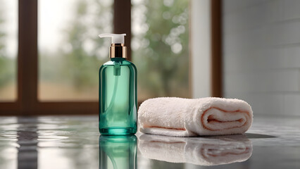 A glass bottle with a dispenser for cosmetics, soap and shampoo stands on a mirror surface in the bathroom next to terry towels