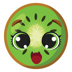 Happy kiwi slice with big eyes and cheerful face, perfect for food packaging, childrens designs, healthy lifestyle promotions, or creative emojis with fruity emotions