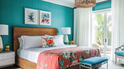 A stylish tropical-themed bedroom with a rattan headboard, floral sheets, and a modern chandelier.
