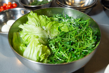 Fresh Washed Lettuce and Arugula in Bowl.