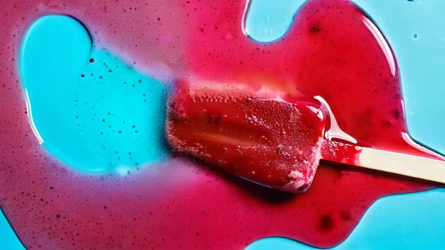 Delicious popsicle ice cream melting on blue background
