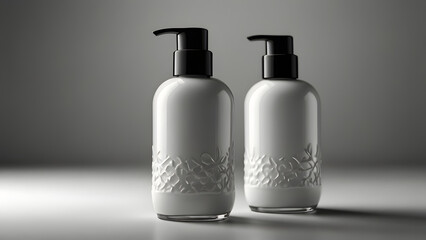 Two white bottles with black dispensers for cosmetic products, volumetric pattern on the bottle