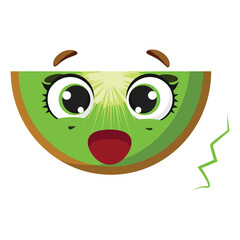 Excited half kiwi fruit with expressive face and big eyes, perfect for kids' projects, healthy food designs, packaging, and fun educational materials