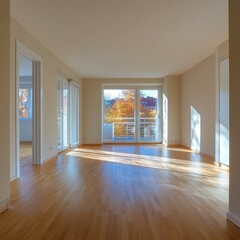 Obraz premium Bright and Spacious Apartment Interior with Hardwood Floors and Balcony View in Autumn Sunlight