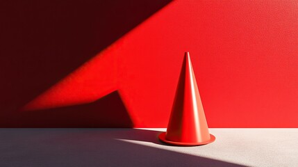 A bold red cone with a textured surface and crisp shadow on a light gray floor, placed against a striking red backdrop. Dynamic and eye-catching, ideal for creative designs.