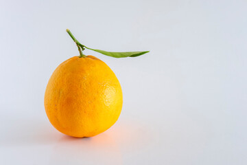 A fresh, rich and healthy orange with leaf resting on white background. Organically grown product