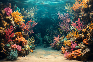 Naklejka premium Bright white coral reef illuminated by ocean sunlight rays showing vibrant marine ecosystem, generative ai