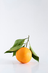 A fresh, rich and healthy orange with leaf resting on white background