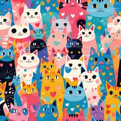 Colorful cats crowd illustration. Many cats with hearts on bodies and heads. Pink blue orange yellow and white feline drawing. seamless pattern