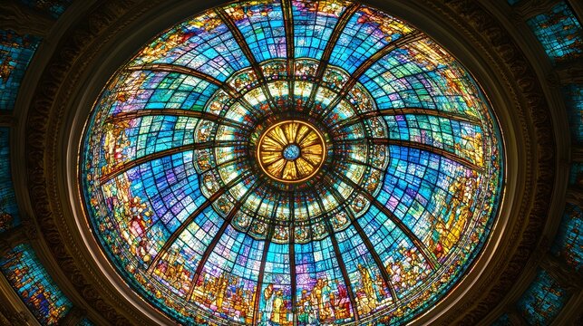 Ornate Stained Glass Dome Ceiling in Building - Powered by Adobe