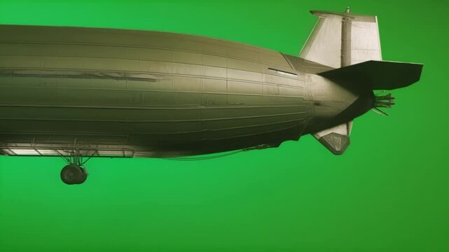 Detailed zeppelin isolated on chroma key background, slowly rotating, offering multiple perspectives of its metallic structure and design, ideal for compositing and visual effects projects