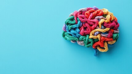A human brain made of colorful tangled threads on a blue background with a banner for copy space. Concept of neurodiversity and mental problems