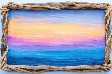 Serene coastal sunset captured in a driftwood framed painting, showcasing a vibrant palette of soft oranges, pinks, and blues.