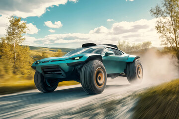 Fototapeta premium Electric off road vehicle speeding along a country road, kicking up clouds of dust while showcasing its futuristic design and power