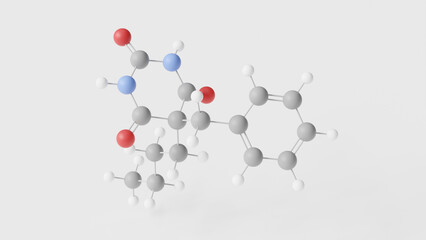 benzylbutylbarbiturate molecule 3d, molecular structure, ball and stick model, structural chemical formula barbiturates