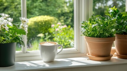Fototapeta premium Cozy Window Scene with Coffee Cup and Green Indoor Plants