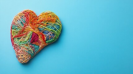 Fototapeta premium A human liver made of colorful tangled threads on a blue background with a banner for copy space. Concept of liver health and detoxification processes.