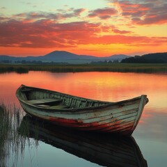 Obraz premium Serene Waterscape Featuring an Old Wooden Boat Floating on a Calm Lake at Sunset with a Mountain Backdrop and Vibrant Sky