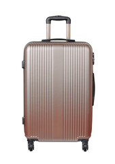 Front view of big plastic spinner suitcase