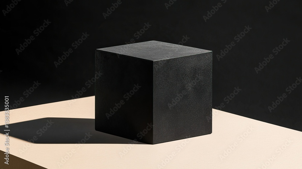 Aufkleber a sharp black cube with a matte texture and pronounced shadow on a light tan surface, set against a 