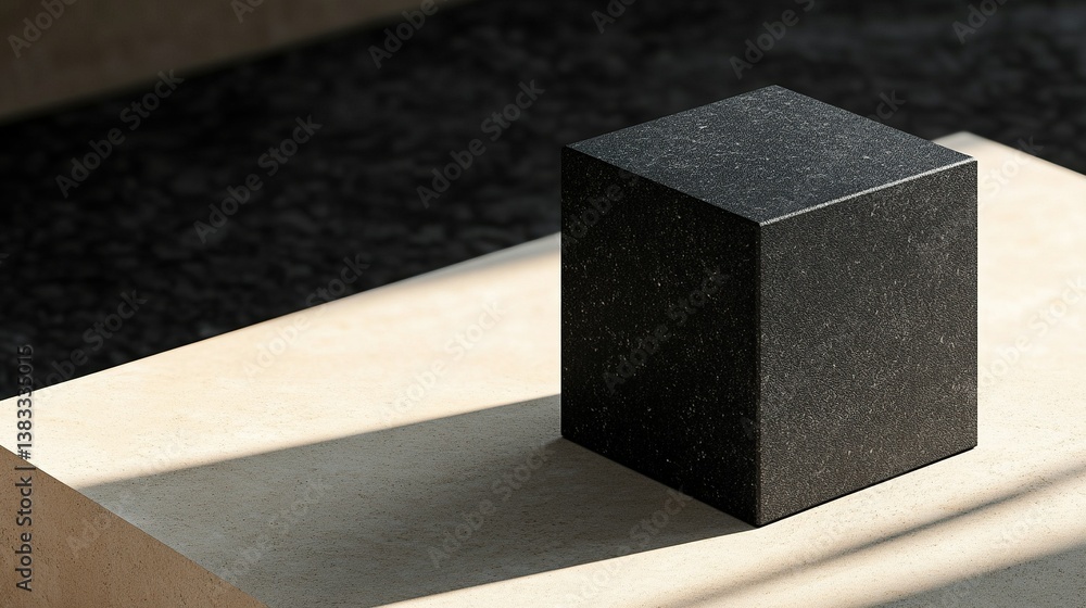 Aufkleber a sharp black cube with a matte texture and pronounced shadow on a light tan surface, set against a 