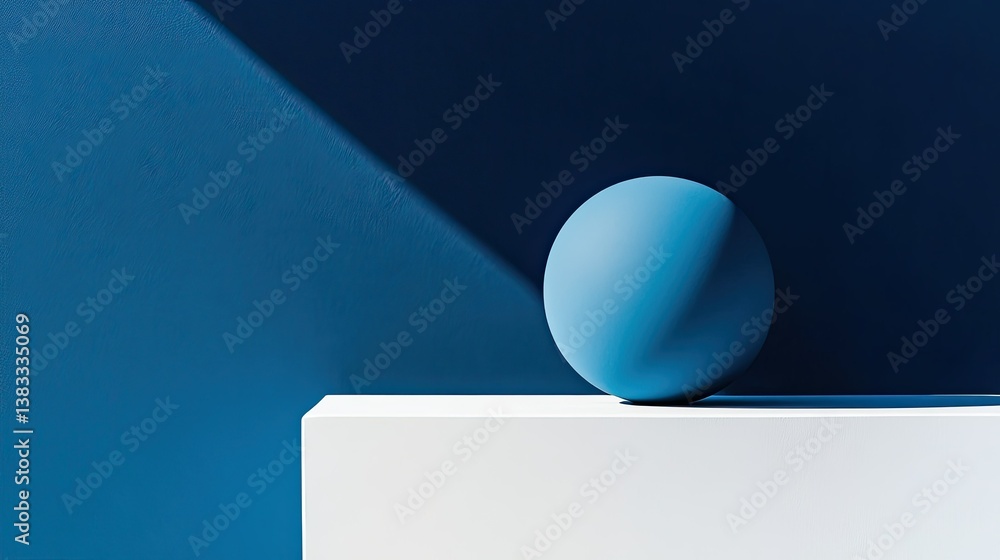 Poster a sleek geometric blue sphere with a matte texture and soft shadow on a white surface against a deep