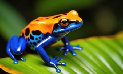 Obraz premium Vibrant blue and orange poison dart frog on leaf in tropical jungle