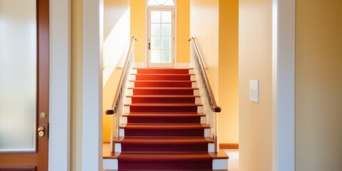 Bright home interior with red staircase and sunlight through door