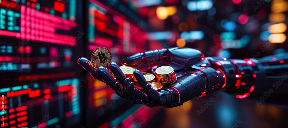Poster robot hand with bitcoin coins. a robotic hand holds bitcoin coins in a neon-lit setting, showcasing 