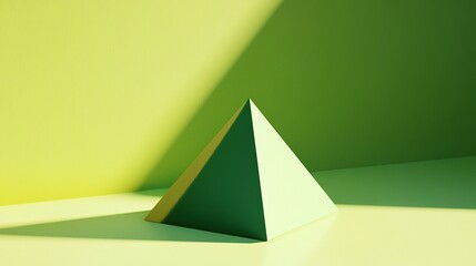 Fototapeta premium A vibrant green pyramid with a glossy finish and defined shadow on a pale yellow surface against a bright green backdrop. Bold and striking, evoking minimalist architecture.