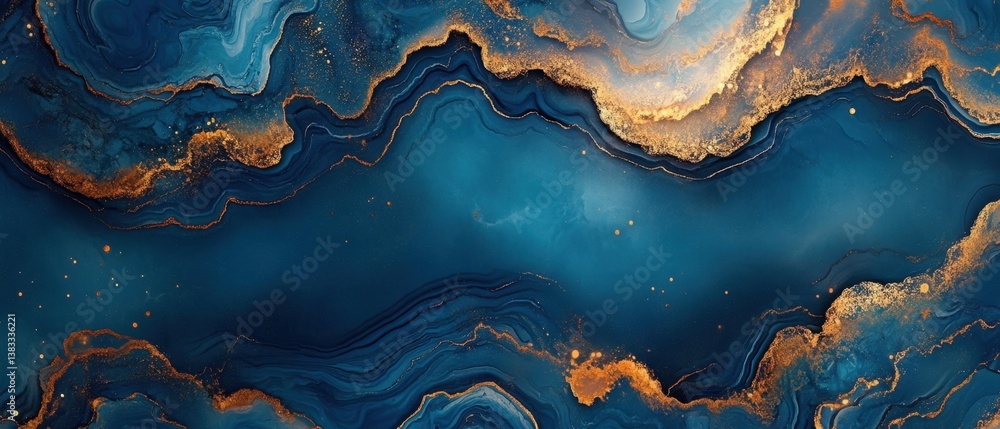 Poster elegant abstract art with flowing blue and gold ink patterns creating a luxurious and serene visual 