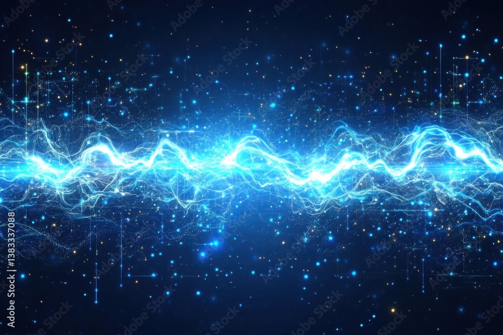 Poster electric blue energy wave flowing through a digital universe of sparkling particles and glowing line