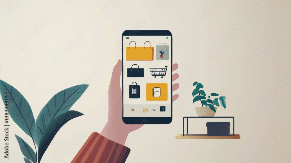 Poster Hand holding smartphone while browsing modern online store app with sleek interface and shopping elements for a convenient shopping experience