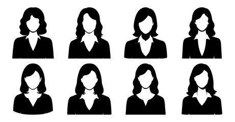 Collection of eight diverse female profile icons in a simple black and white design, ideal for avatars or user interface elements