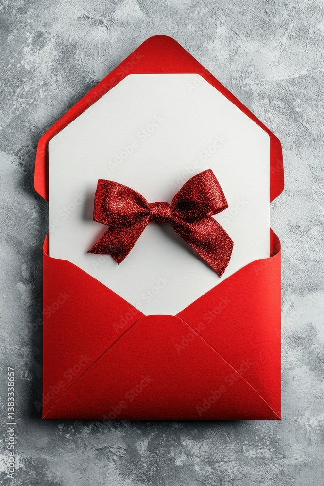 Poster elegant red envelope with a sparkling bow on a white card against a textured gray background creatin