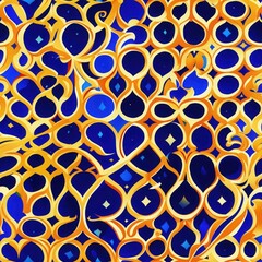 Gold seamless pattern illustration. Blue background with golden swirls and geometric shapes. Ornament repeating design. Elegant textile backdrop.