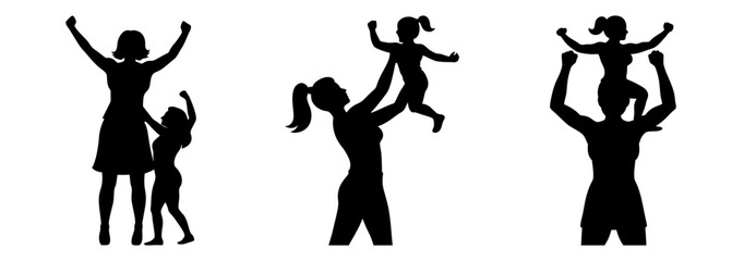 Silhouette illustrations of mothers and daughters engaging in joyful activities like playing and celebrating success together