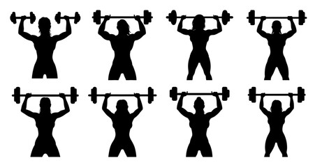 Silhouettes of muscular women weightlifting dumbbells and barbells overhead in various poses for fitness and strength training