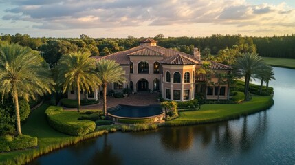 Obraz premium Luxurious waterfront mansion at sunset