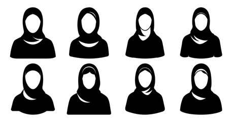 Collection of eight diverse female avatars wearing hijabs, showcasing variations in style and head covering