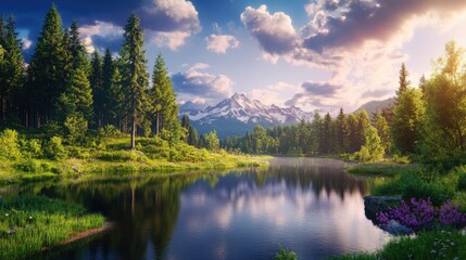 Fototapeta premium Serene Mountain Landscape with Lush Forest and Calm Lake Reflection