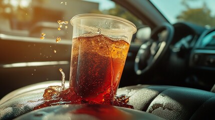 Cup with soda spilling across a car seat during a road trip. Concept of adventure, travel hiccups, and spontaneous moments.
