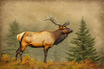 Fototapeta premium A large majestic elk stands proud in the forest landscape