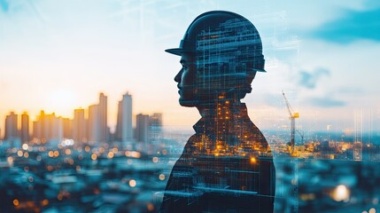 Future building construction engineering project concept with double exposure graphic design, building engineer, architect people or construction worker working with modern civil equipment.