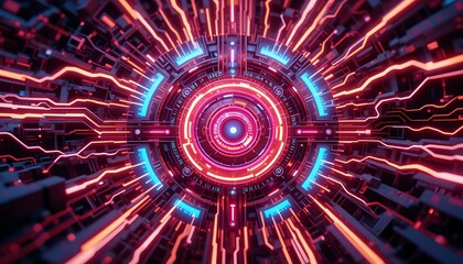 Futuristic Tech Interface: Red & Blue Neon Circuitry Wallpaper