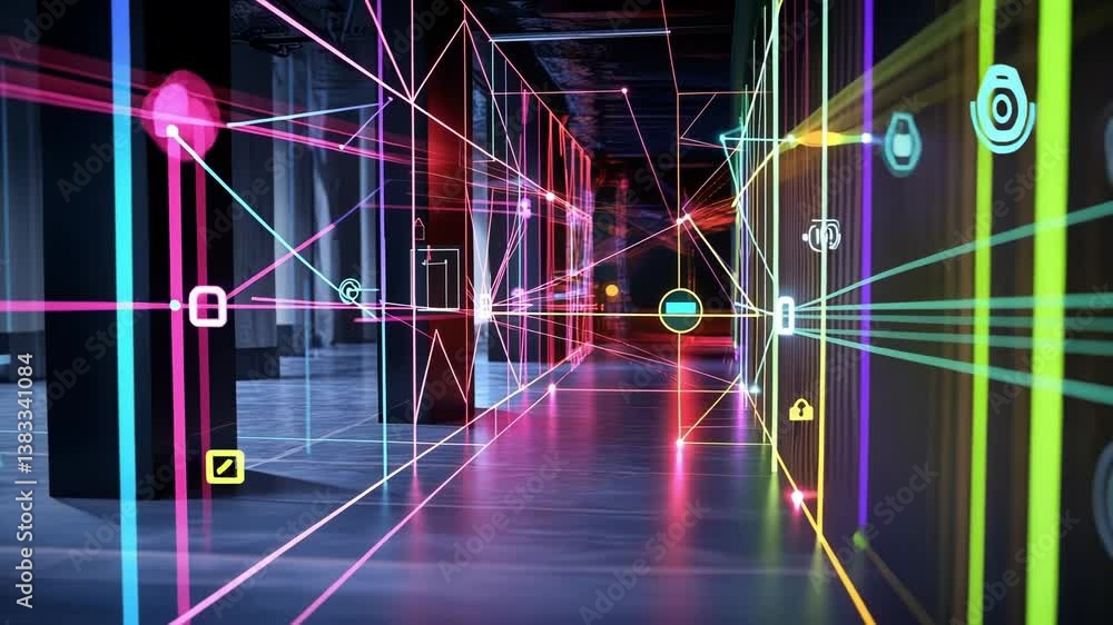 Poster glowing lines and icons representing a cyber security system are protecting a futuristic server corr