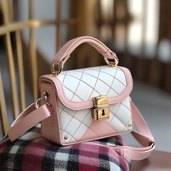 Stylish pink and white quilted handbag with a golden lock and adjustable strap, perfect for casual or formal outings