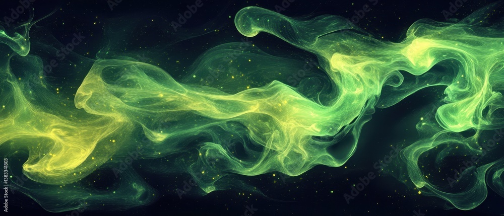 Poster ethereal green nebula with glowing particles in a dark cosmic space a captivating blend of science a